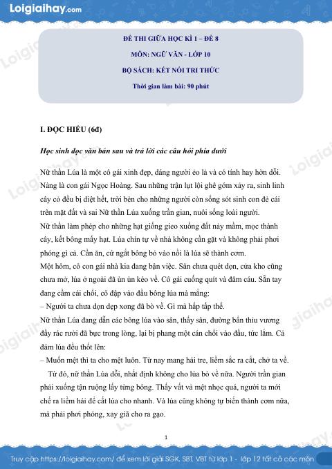 Đề thi giữa kì 1 Văn 10 Kết nối tri thức - Đề số 8